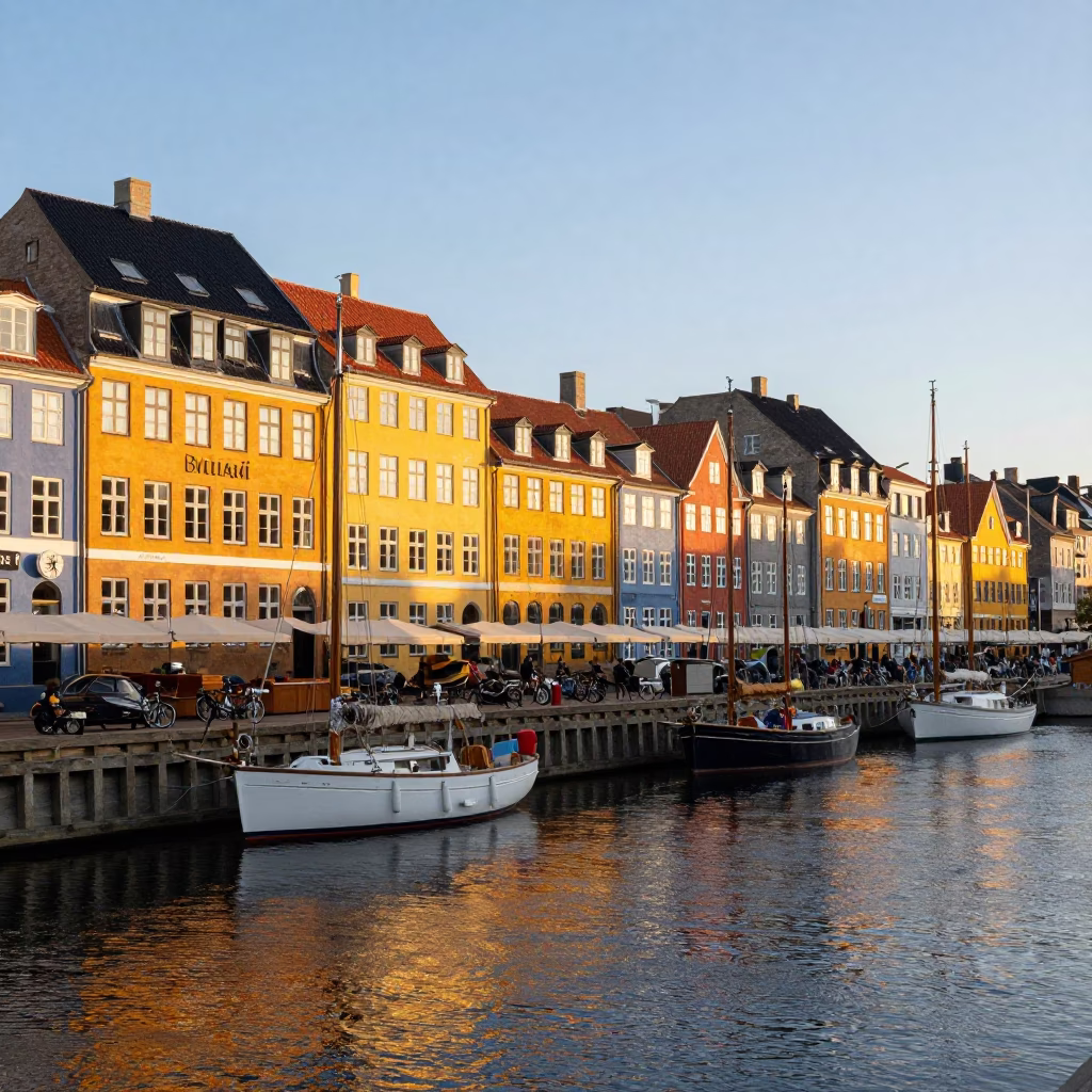 Copenhagen Harbor Sunset Scene with Sailboats and Bicycle Traffic Along Nyhavn in in Copenhagen, Denmark