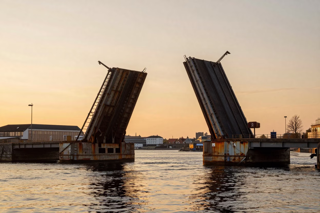 Copenhagen Harbor Sunset View of Rusted Industrial Bridge and Iris Blossoms in in Copenhagen, Denmark