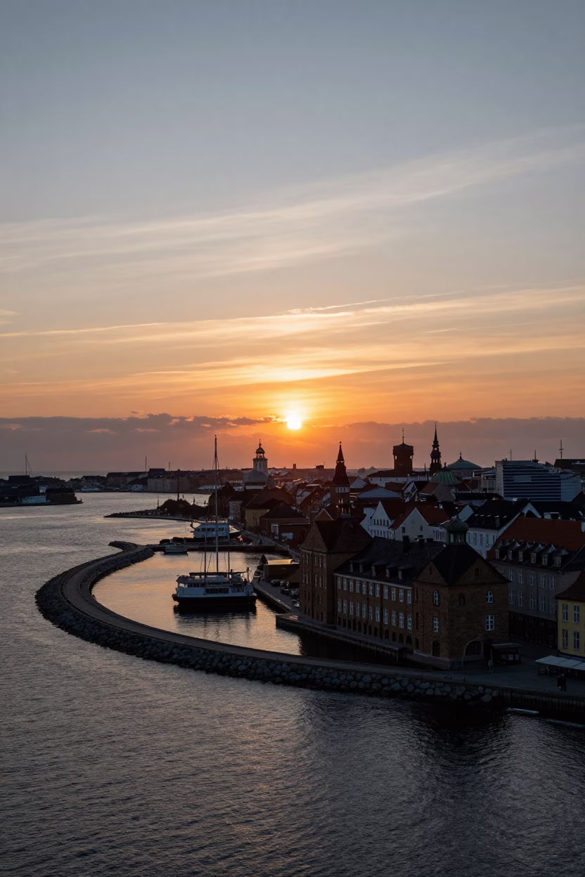 Copenhagen harbor sunset view with spiral breakwater and historic architecture in in Copenhagen, Denmark