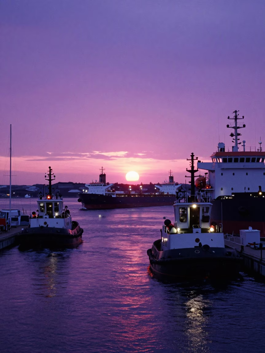 Copenhagen Harbor Sunset View with Tugboats and Tanker Lights in in Copenhagen, Denmark
