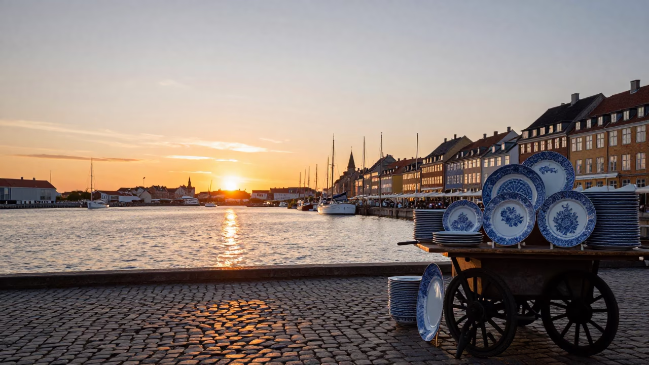 Copenhagen Harbor Sunset with Blue and White Porcelain Plates and Kites Flying Over Water in in Copenhagen, Denmark