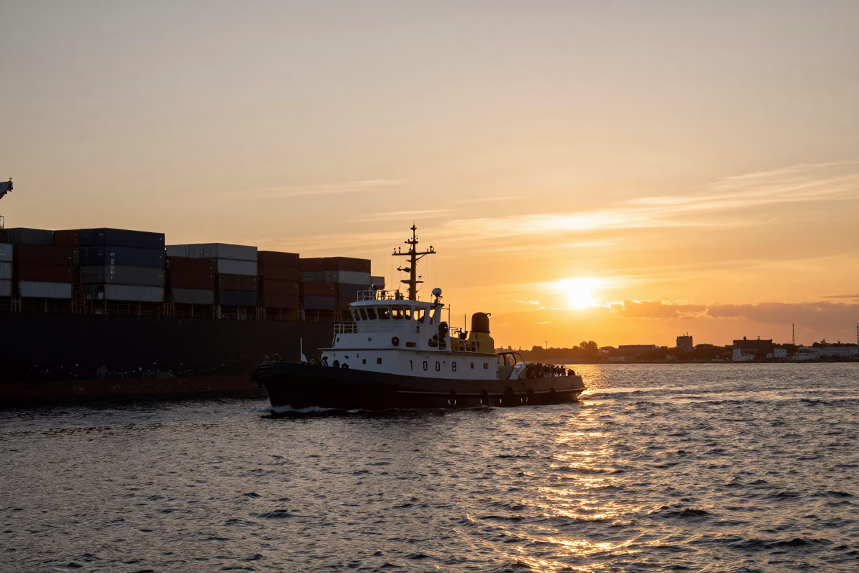 Copenhagen Harbor Sunset with Pilot Boat and Container Ship Silhouette in in Copenhagen, Denmark