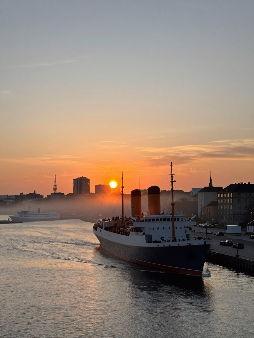 Copenhagen harbor sunset with steamship and city skyline in in Copenhagen, Denmark
