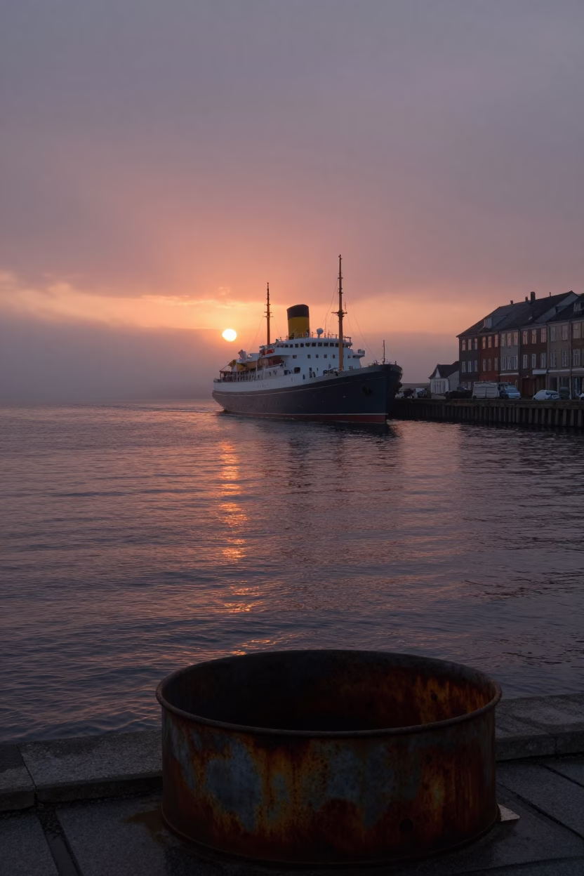 Copenhagen Harbor Sunset with Steamship and Rusty Basin in in Copenhagen, Denmark