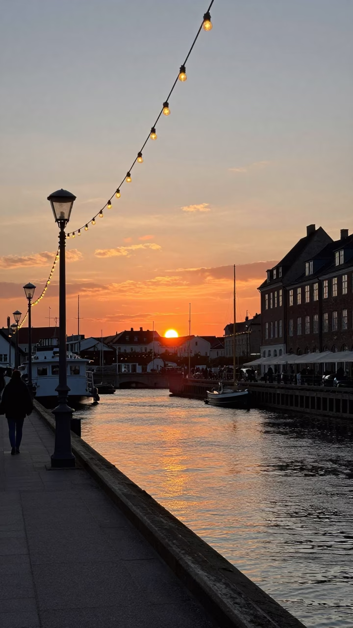 Copenhagen Harbor Sunset with String Lights and Historic Architecture in in Copenhagen, Denmark