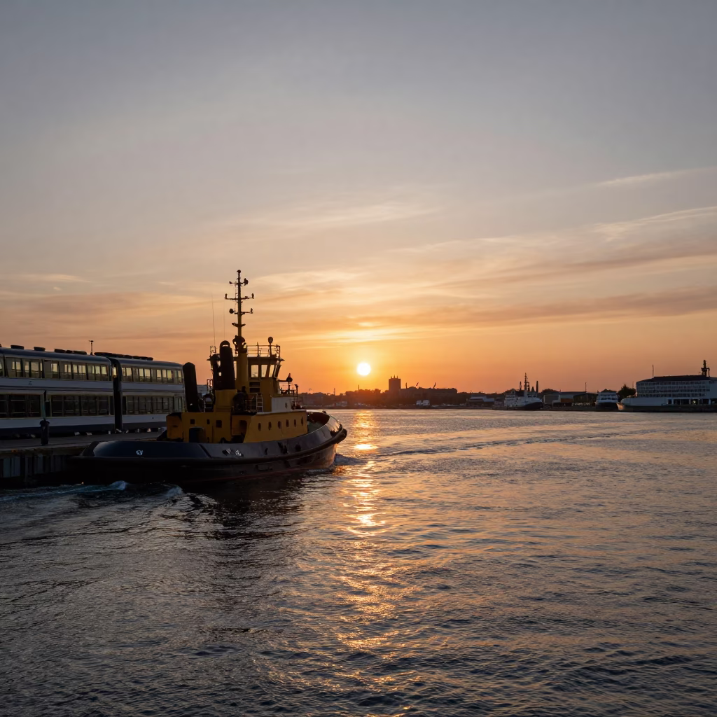 Copenhagen Harbor Sunset with Tugboat and Glass Steel Train Station Architecture in in Copenhagen, Denmark