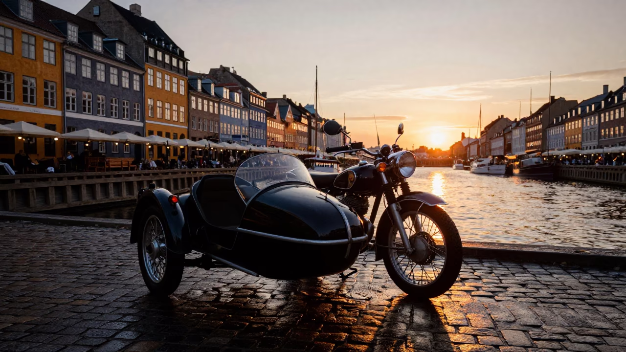 Copenhagen Harbor Sunset with Vintage Motorcycle Sidecar and Glass Carafe on Cobblestone in in Copenhagen, Denmark