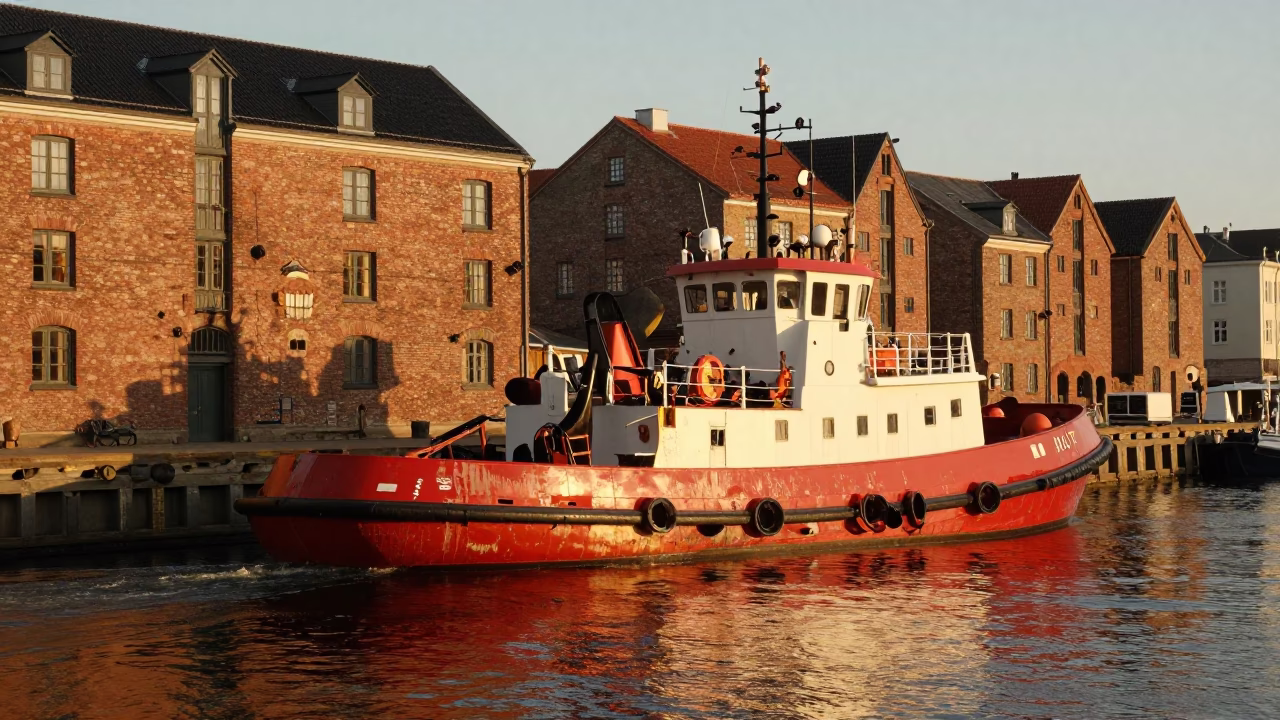 Copenhagen harbor tugboat in honeyed evening light reflecting on wet cobblestones in in Copenhagen, Denmark