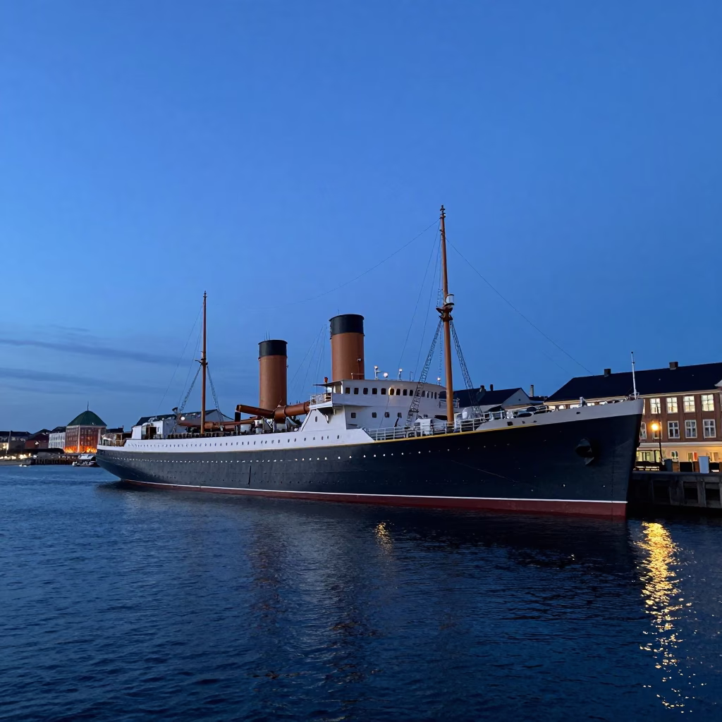 Copenhagen Harbor Twilight View of Steamship Listing in Swell with Lighthouse in in Copenhagen, Denmark