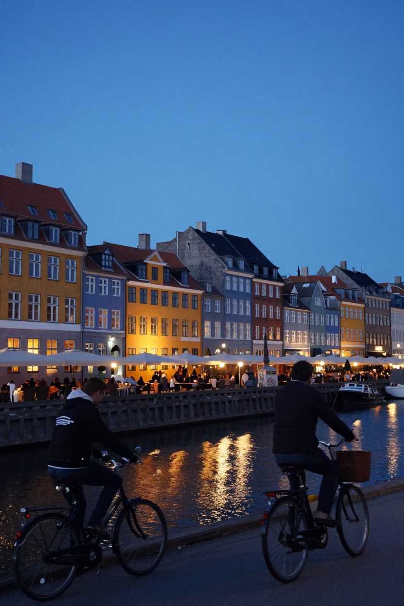 Copenhagen harbor twilight with cyclists and city lights beginning to glow in in Copenhagen, Denmark