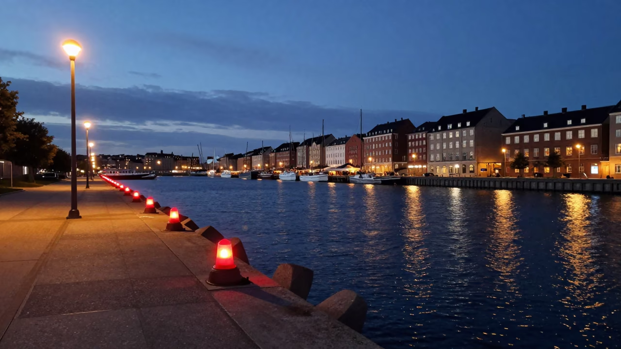 Copenhagen Harbor Waterfront at Dusk with Warning Beacons and City Lights in in Copenhagen, Denmark