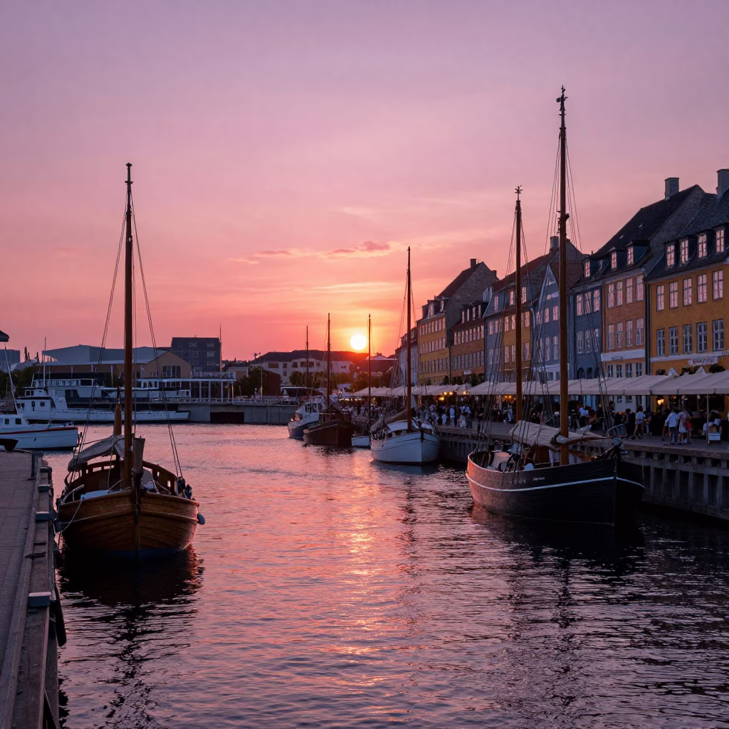 Copenhagen Harbor Waterfront at Sunset with Traditional Boats and City Skyline in in Copenhagen, Denmark