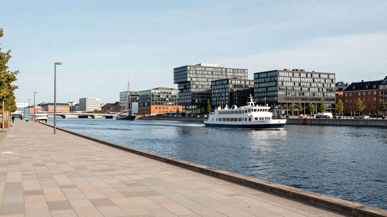 Copenhagen Harbor Waterfront Promenade and Modern Architecture in Bright Midmorning Light in in Copenhagen, Denmark