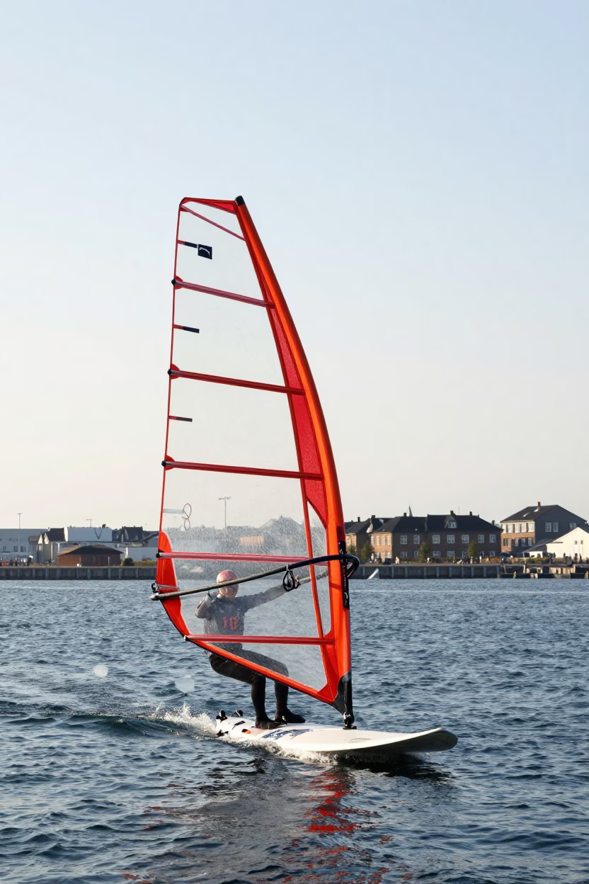 Copenhagen Harbor Windsurfer Planing Flat Water Clear Late Afternoon 1990s Realistic Horizon Shot in in Copenhagen, Denmark