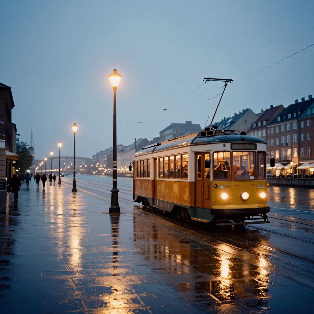 Copenhagen Heritage Tram on Rain-Swept Coastal Promenade at Dusk in in Copenhagen, Denmark
