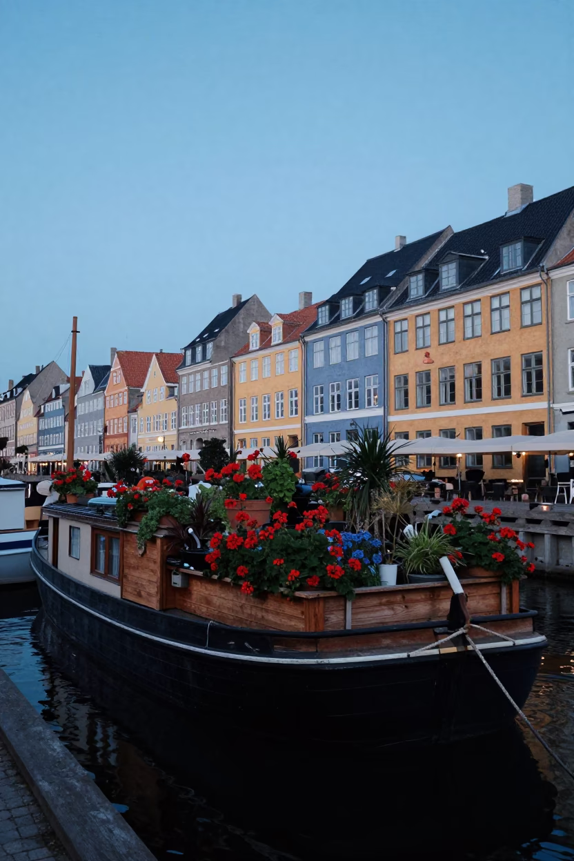 Copenhagen Houseboat Garden at The Last Blue Light Of Evening in in Copenhagen, Denmark