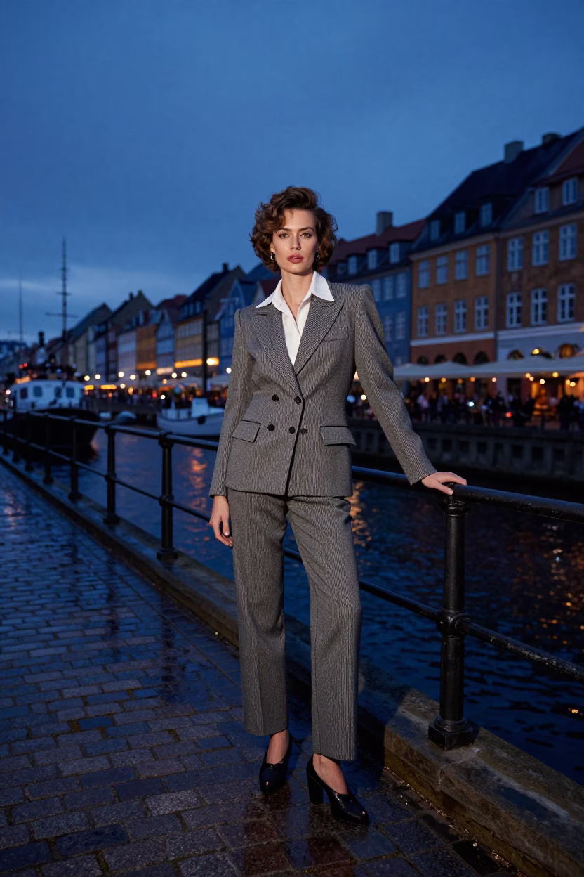 Copenhagen Indigo Twilight Street Fashion Portrait with Vintage Details in in Copenhagen, Denmark