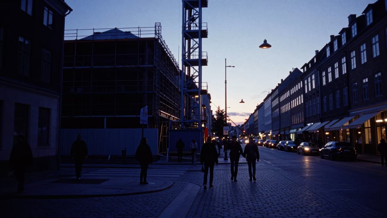 Copenhagen Indigo Twilight Street Scene with Construction Elevator and Rusty Gate Details in in Copenhagen, Denmark