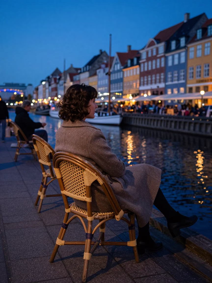 Copenhagen Indigo Twilight Street Scene with Rattan Chair and Moat Bridge in in Copenhagen, Denmark