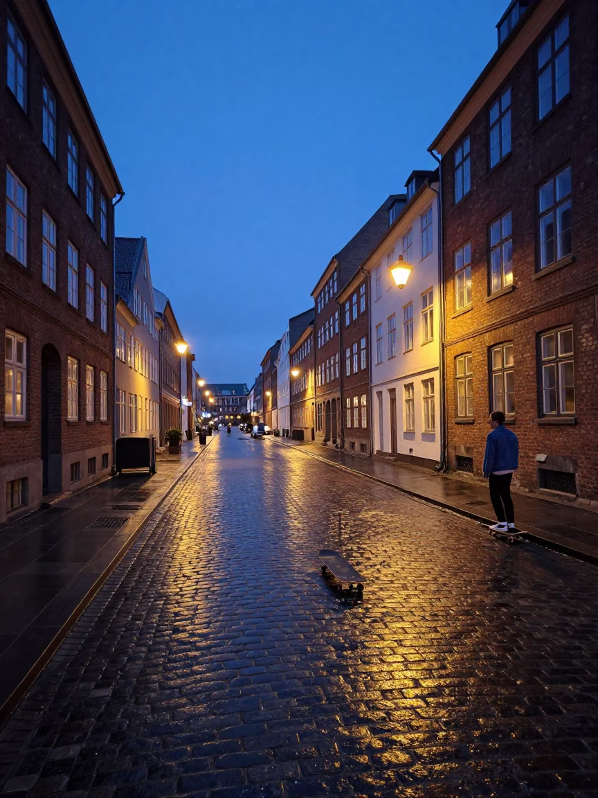 Copenhagen Indigo Twilight Street Scene with Skateboard and Urban Architecture in in Copenhagen, Denmark
