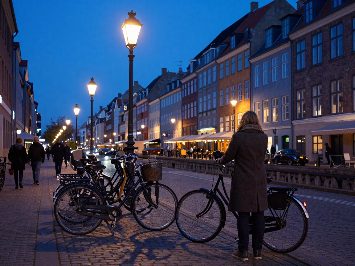 Copenhagen indigo twilight street scene with vintage bicycles and historic brick architecture in in Copenhagen, Denmark