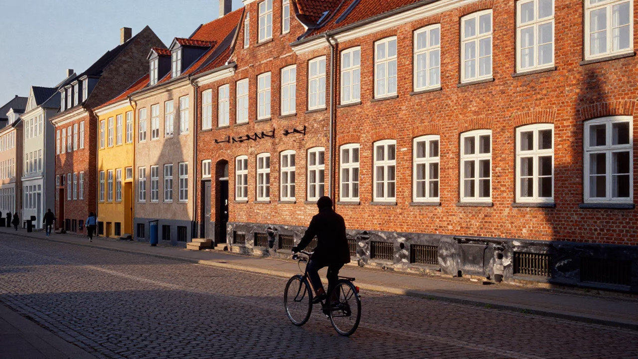 Copenhagen Late Afternoon Street Scene with Cyclist and Brick Architecture in in Copenhagen, Denmark