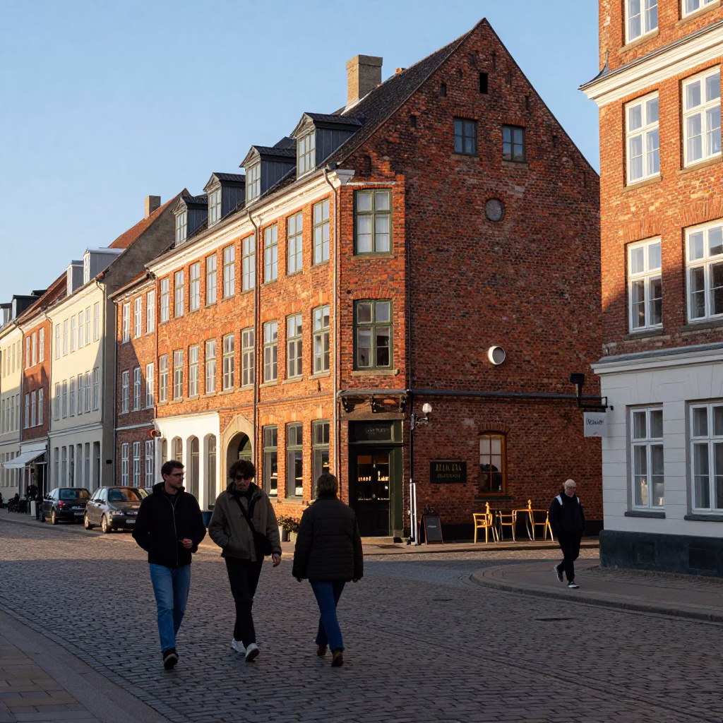 Copenhagen late afternoon street scene with historic brick architecture and local pedestrians in in Copenhagen, Denmark