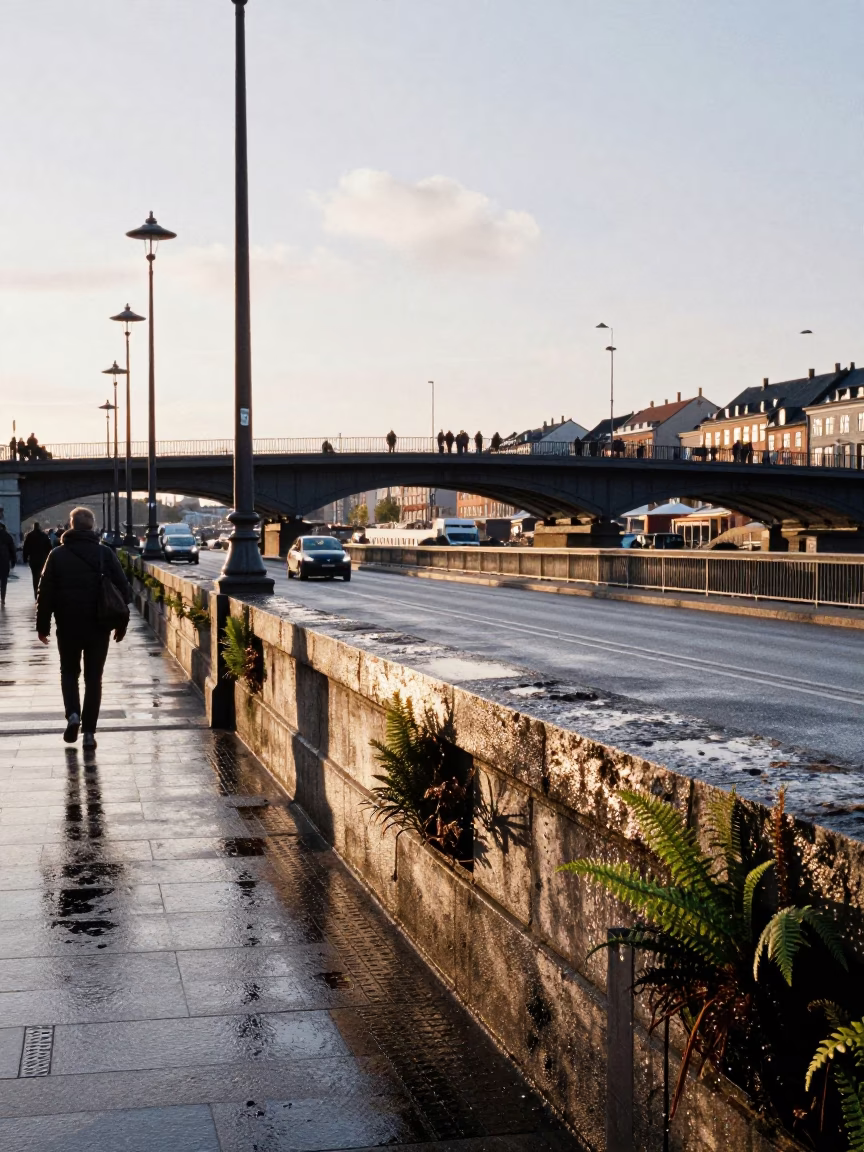 Copenhagen Late Afternoon Street Scene with Viaduct and Harbor Details in in Copenhagen, Denmark
