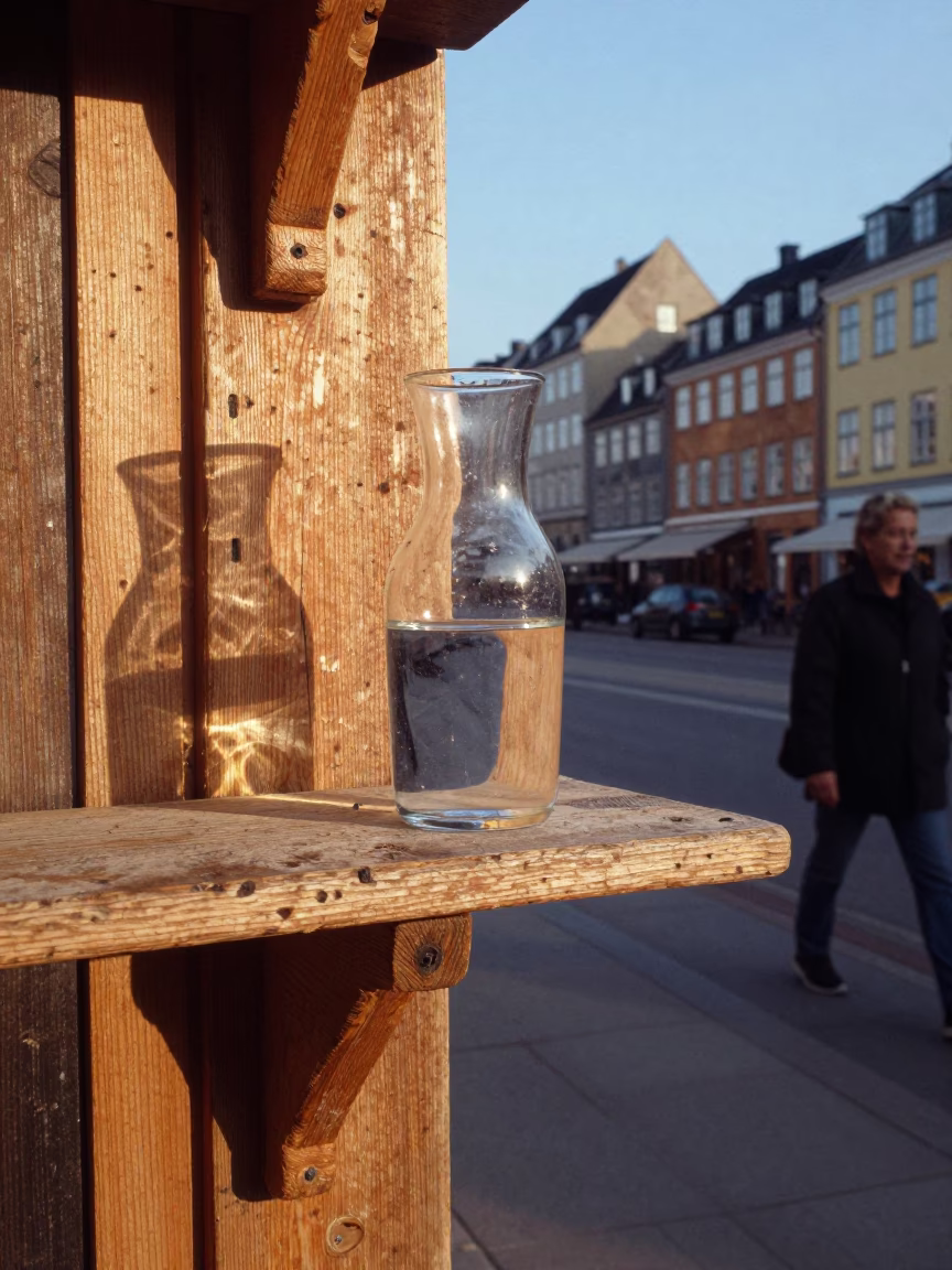 Copenhagen Late Afternoon Street Scene with Wooden Shelf and Carafe in in Copenhagen, Denmark