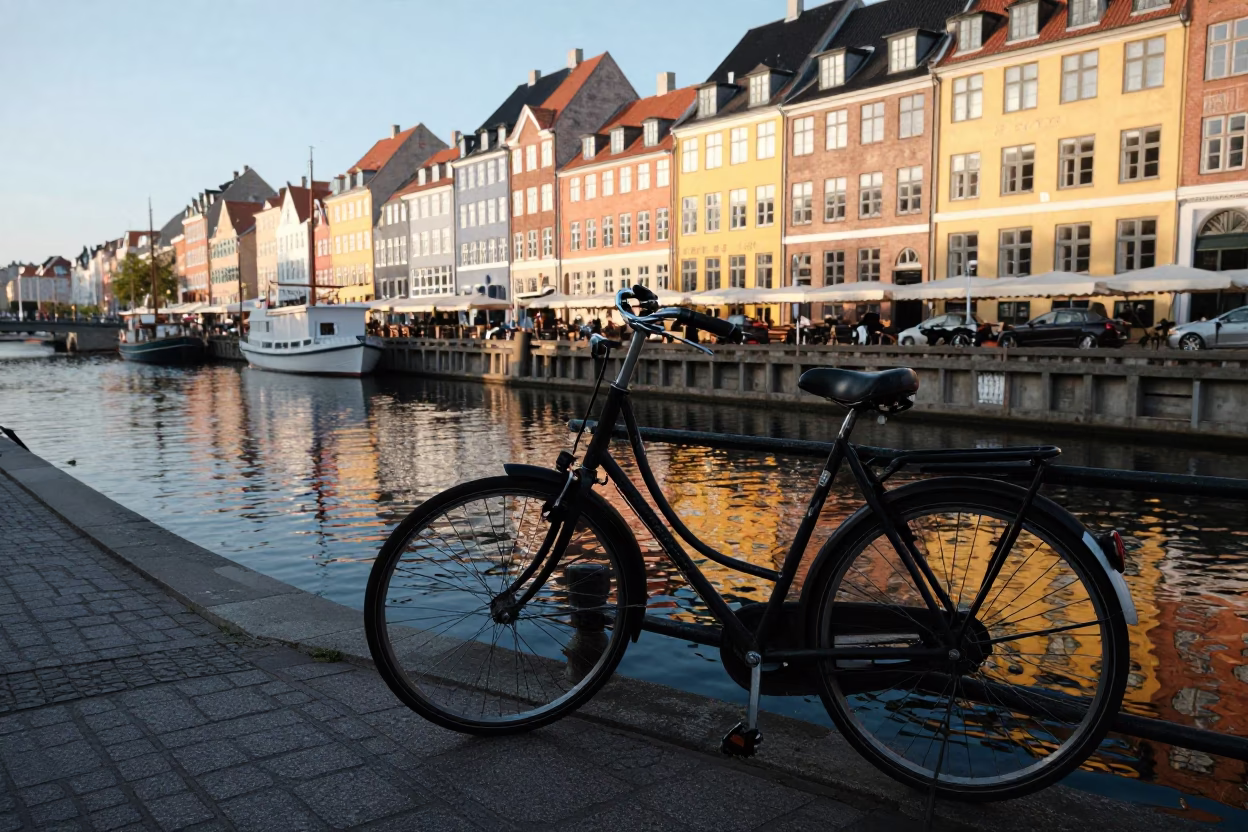 Copenhagen Late Morning Canal Scene With Bicycle And Water Reflections in in Copenhagen, Denmark