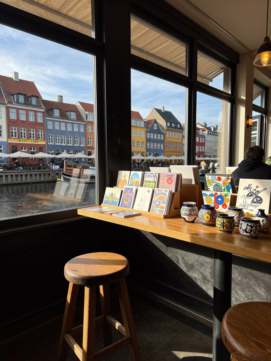 Copenhagen Late Morning Street Scene with Postcards and Pottery Market Wares in in Copenhagen, Denmark