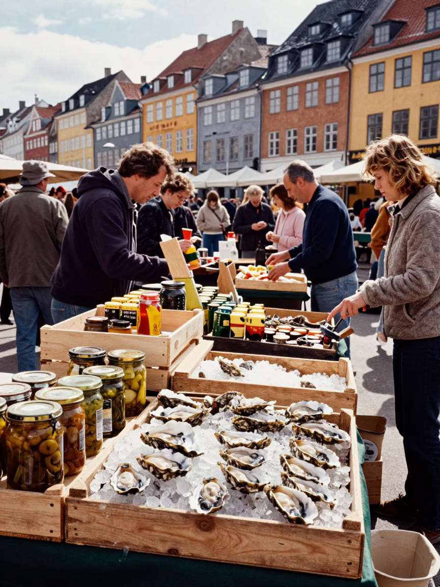 Copenhagen Market Stall at Midday Light in in Copenhagen, Denmark