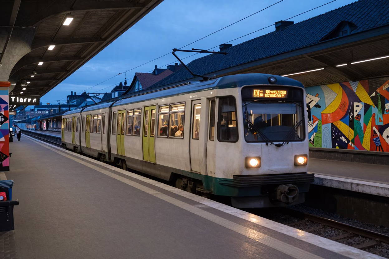 Copenhagen Metro Train Arriving at Art-Adorned Station in Early Evening in in Copenhagen, Denmark