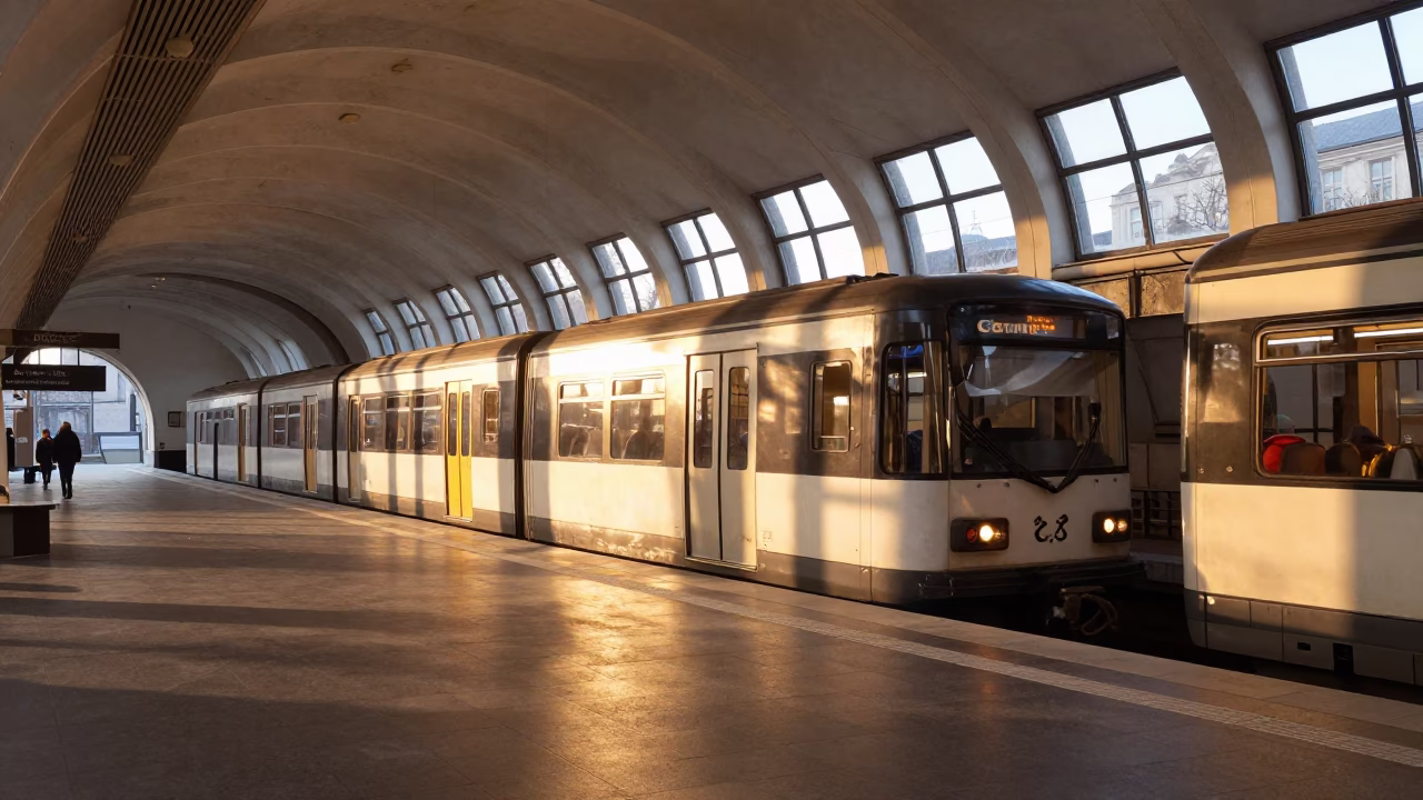 Copenhagen Metro Train Arriving at Art-Adorned Station in Honeyed Evening Light in in Copenhagen, Denmark