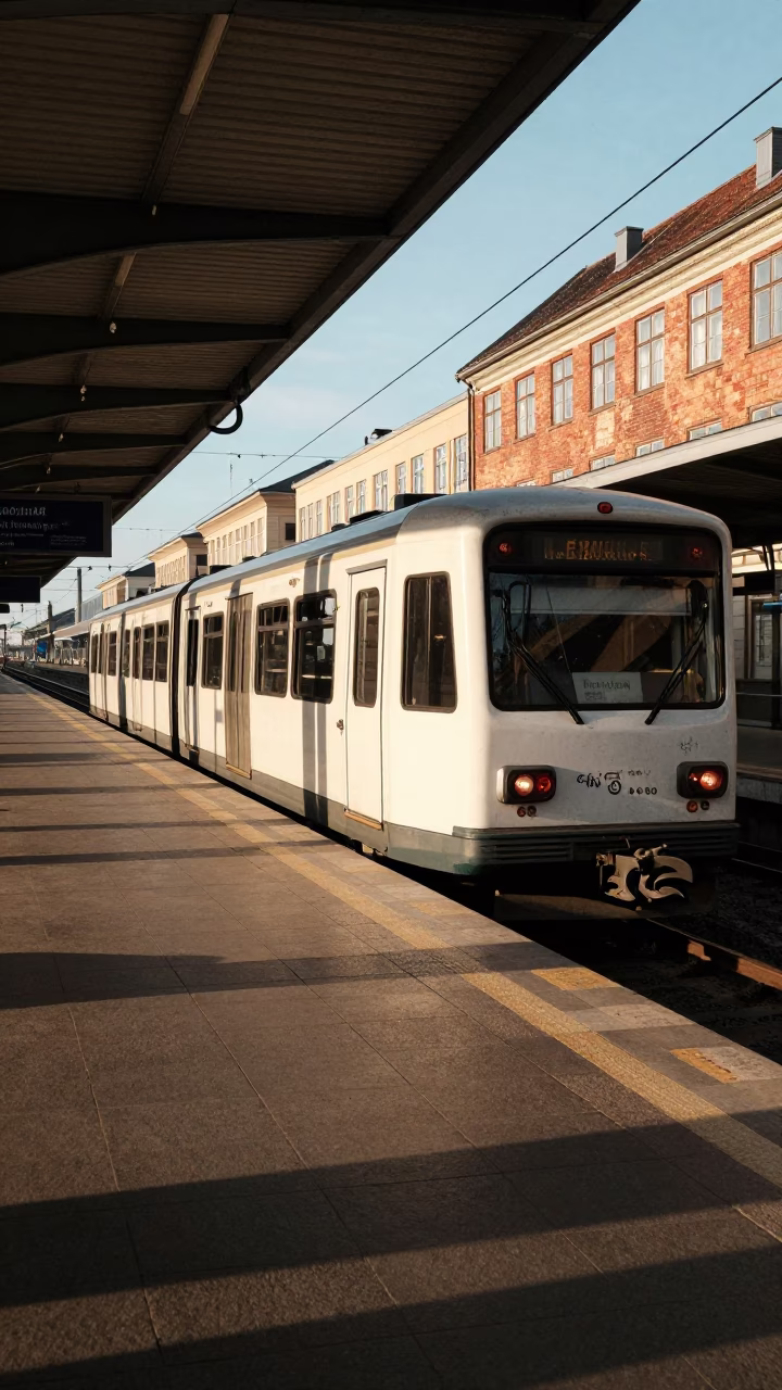 Copenhagen Metro Train Arriving at Art-Adorned Station in Late Afternoon Light in in Copenhagen, Denmark