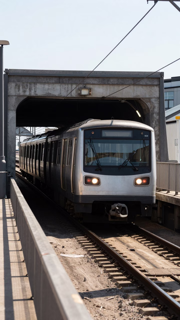Copenhagen Metro Train Emerging from Tunnel into Noon Daylight in in Copenhagen, Denmark