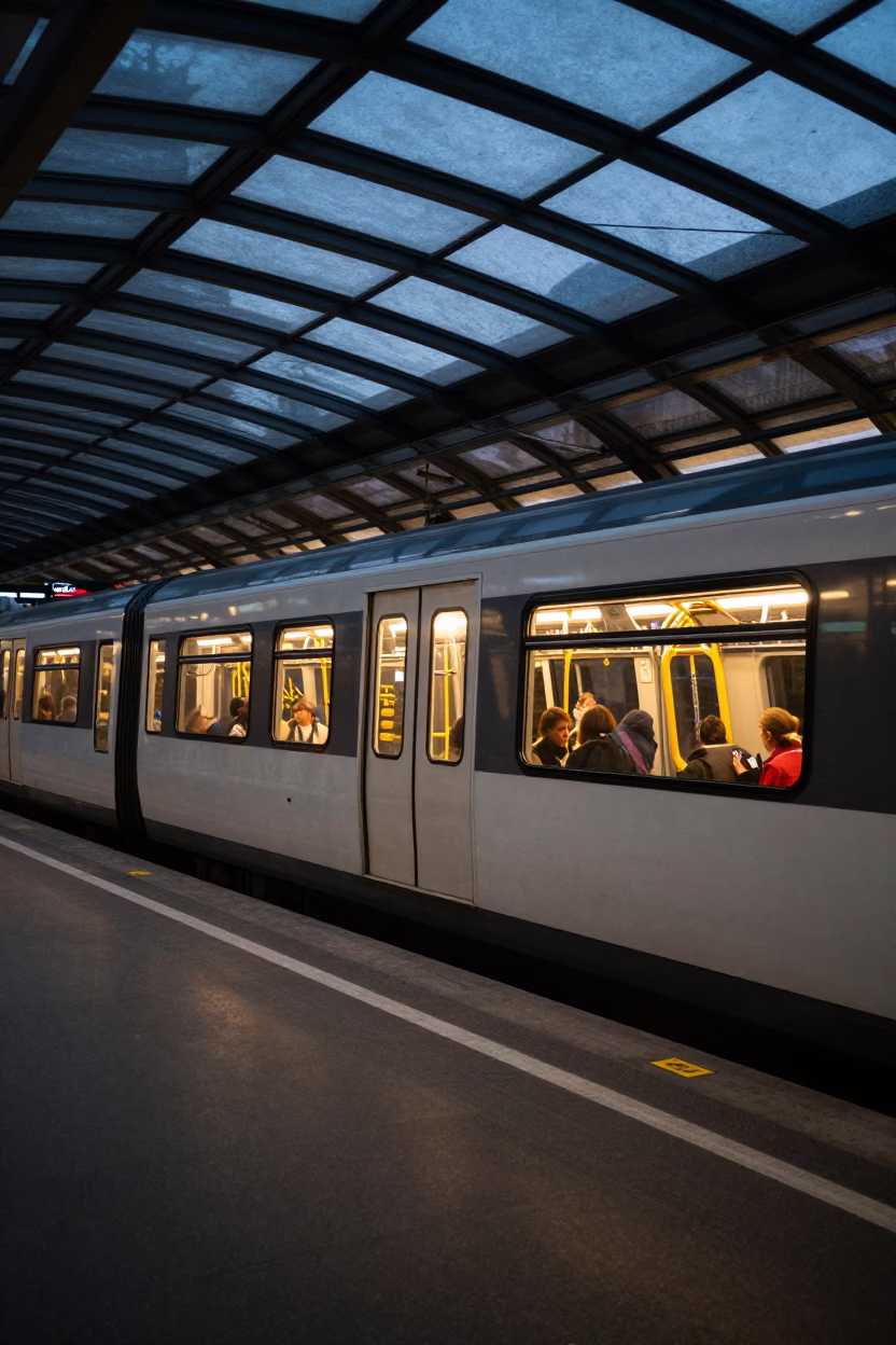 Copenhagen Metro Train Pulling Into Art-Adorned Station in Early Evening Light in in Copenhagen, Denmark