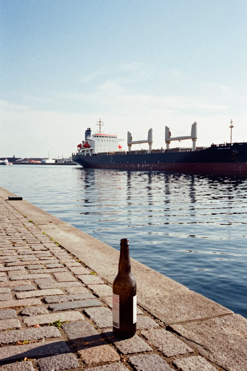 Copenhagen Midday Harbor Scene with Cargo Ship and Bottle on Stone Quay in in Copenhagen, Denmark