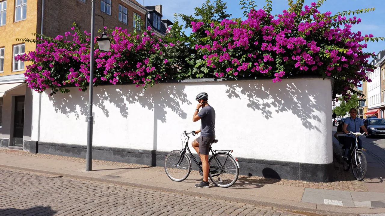 Copenhagen Midday Street Scene with Bougainvillea and Bicycle Culture in in Copenhagen, Denmark