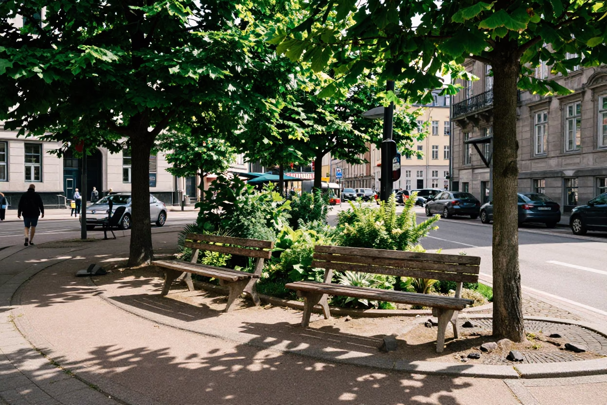 Copenhagen Midday Street Scene with Garden Benches and Urban Life in Denmark in in Copenhagen, Denmark