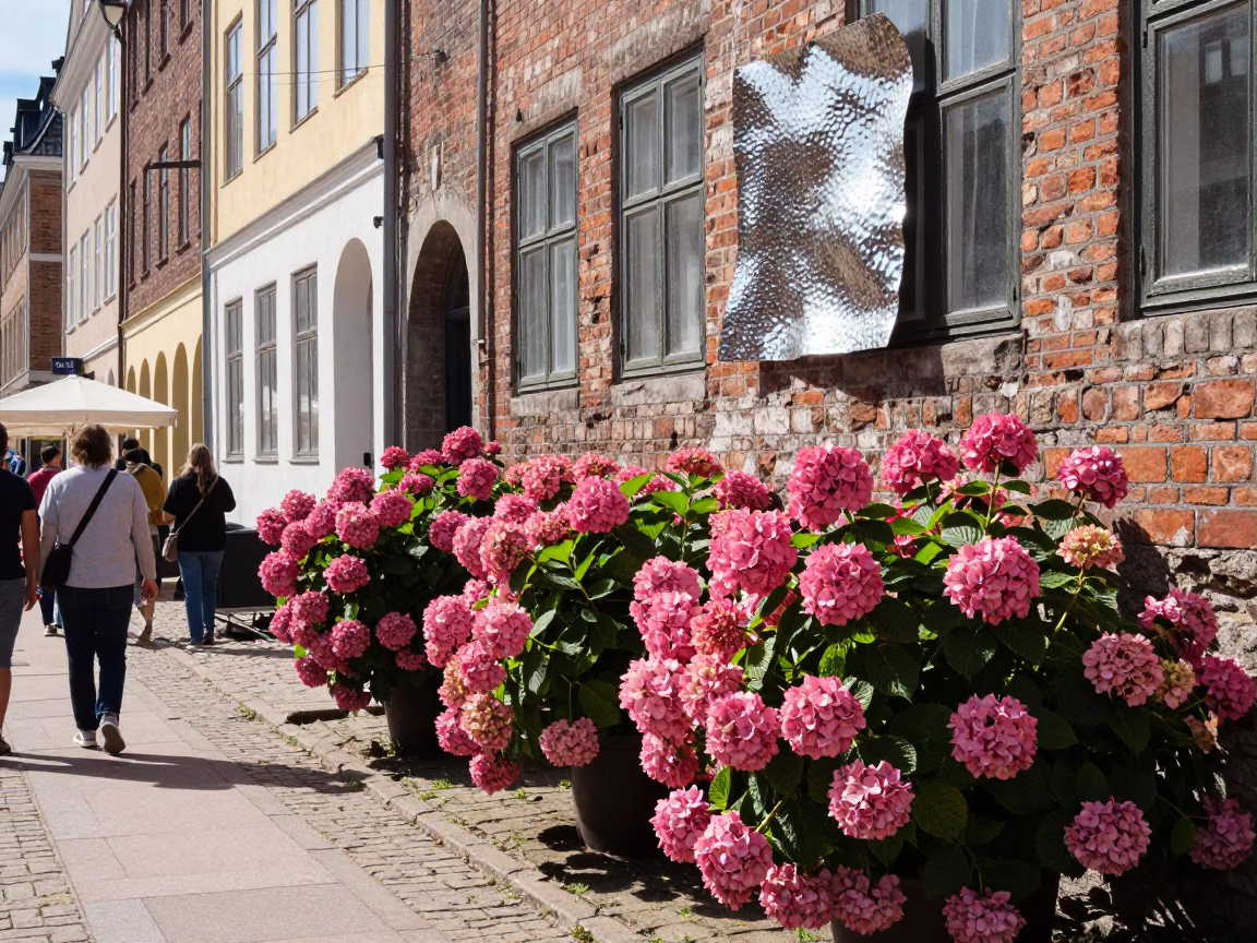 Copenhagen Midday Street Scene with Hydrangeas and Hammered Metal Details in in Copenhagen, Denmark