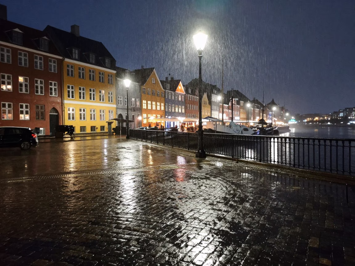 Copenhagen Midnight Harbor Drizzle on Drawbridge Deck Markings with Distant Cargo Ship in in Copenhagen, Denmark