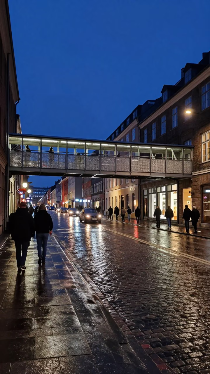 Copenhagen Midnight Street Scene with Pedestrian Overpass and Wet Footsteps at Night in in Copenhagen, Denmark