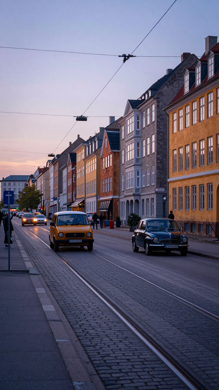 Copenhagen Morning Commute with Monorail Track and Vintage Car at Dawn in in Copenhagen, Denmark