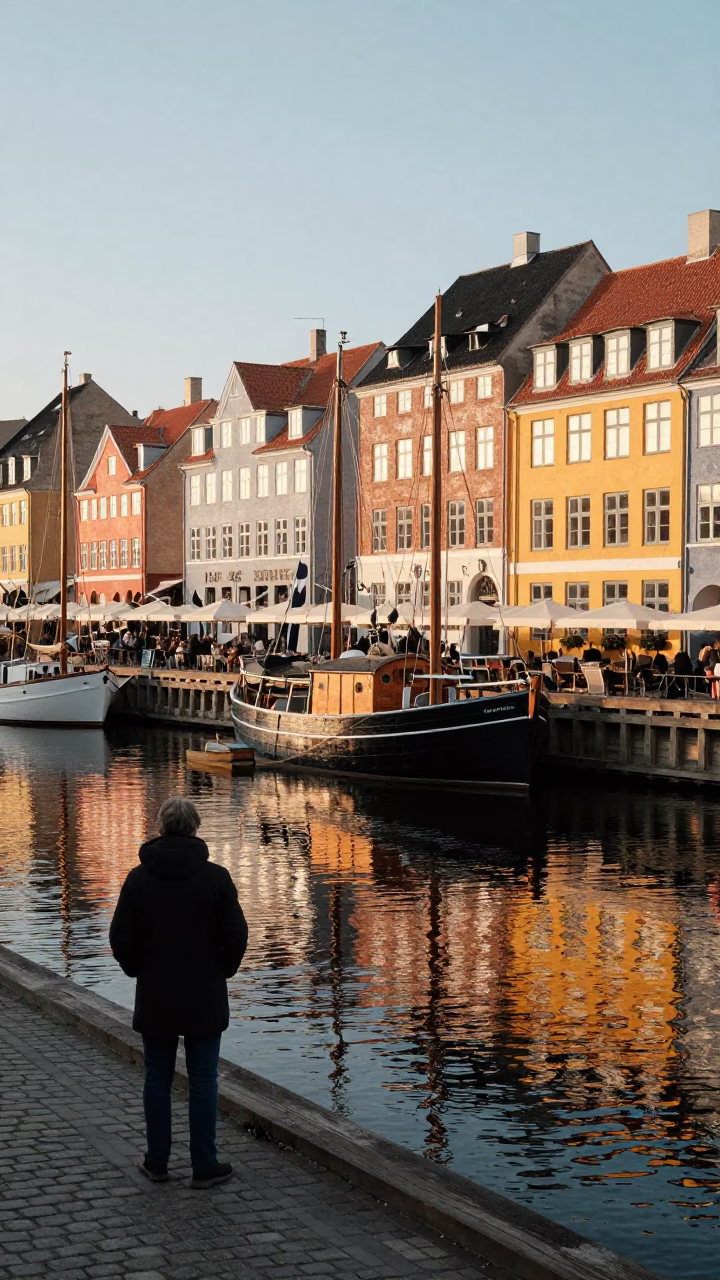 Copenhagen Morning Light on Nyhavn Canal with Traditional Wooden Boats and Coffee in in Copenhagen, Denmark