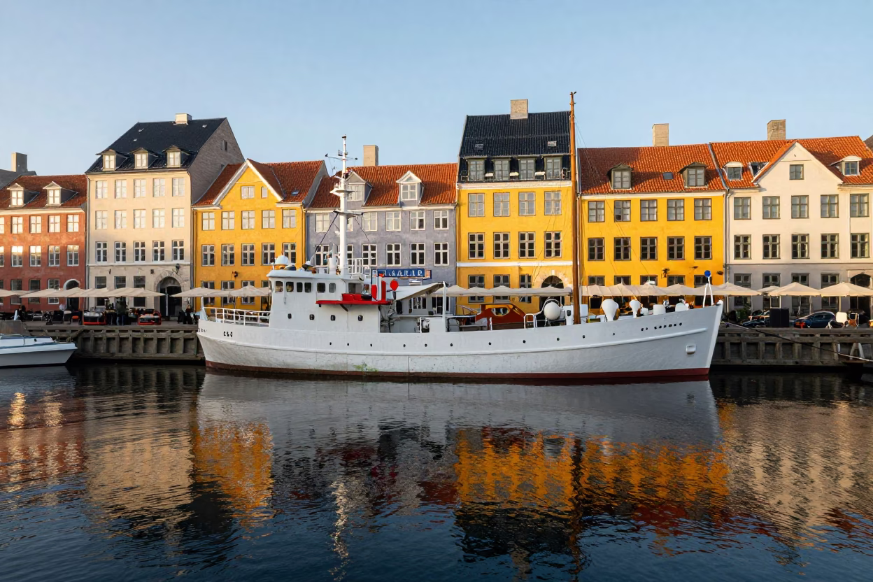Copenhagen Morning Light on Nyhavn Canals with Research Vessel and Vintage SUV in in Copenhagen, Denmark