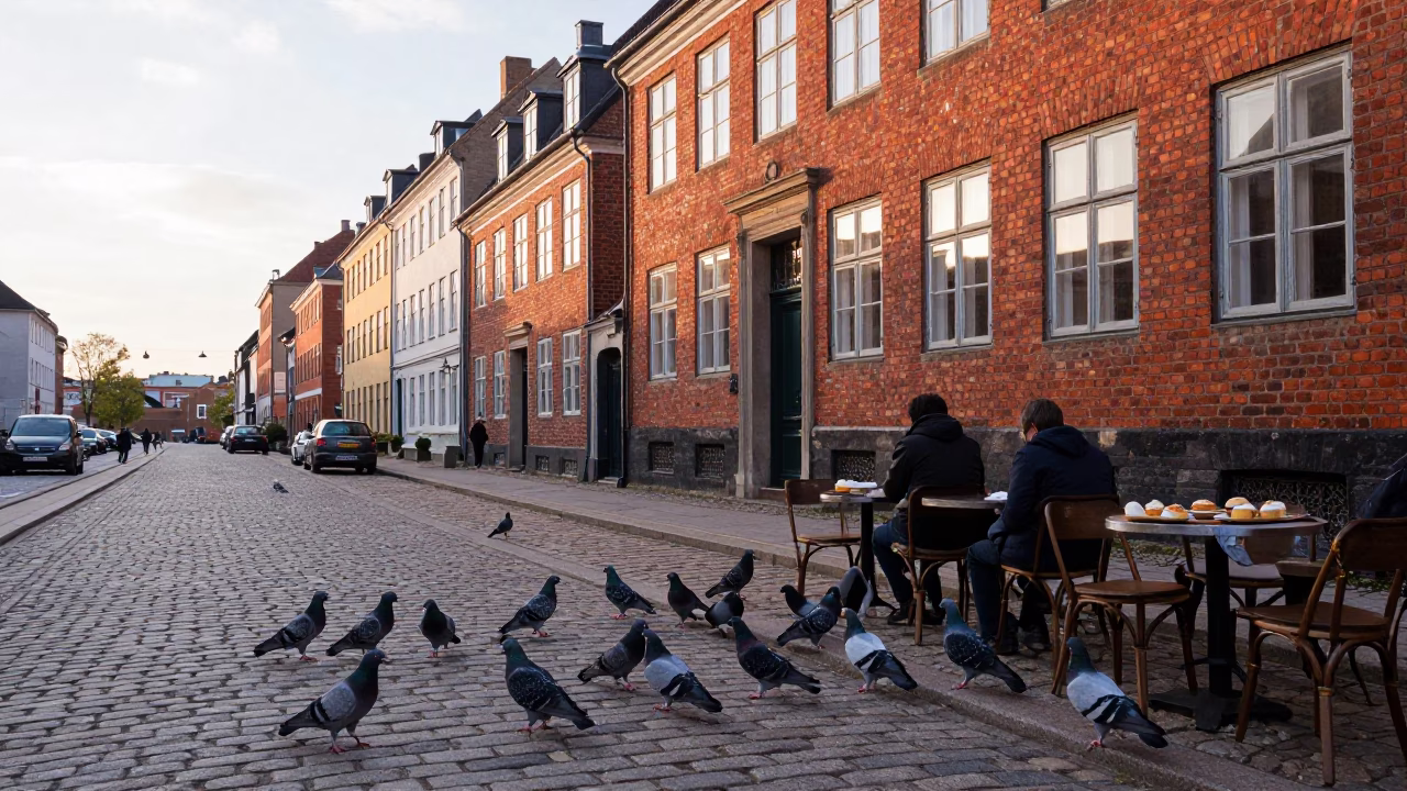 Copenhagen Morning Street Scene with Pigeons and Pastries at First Light in in Copenhagen, Denmark