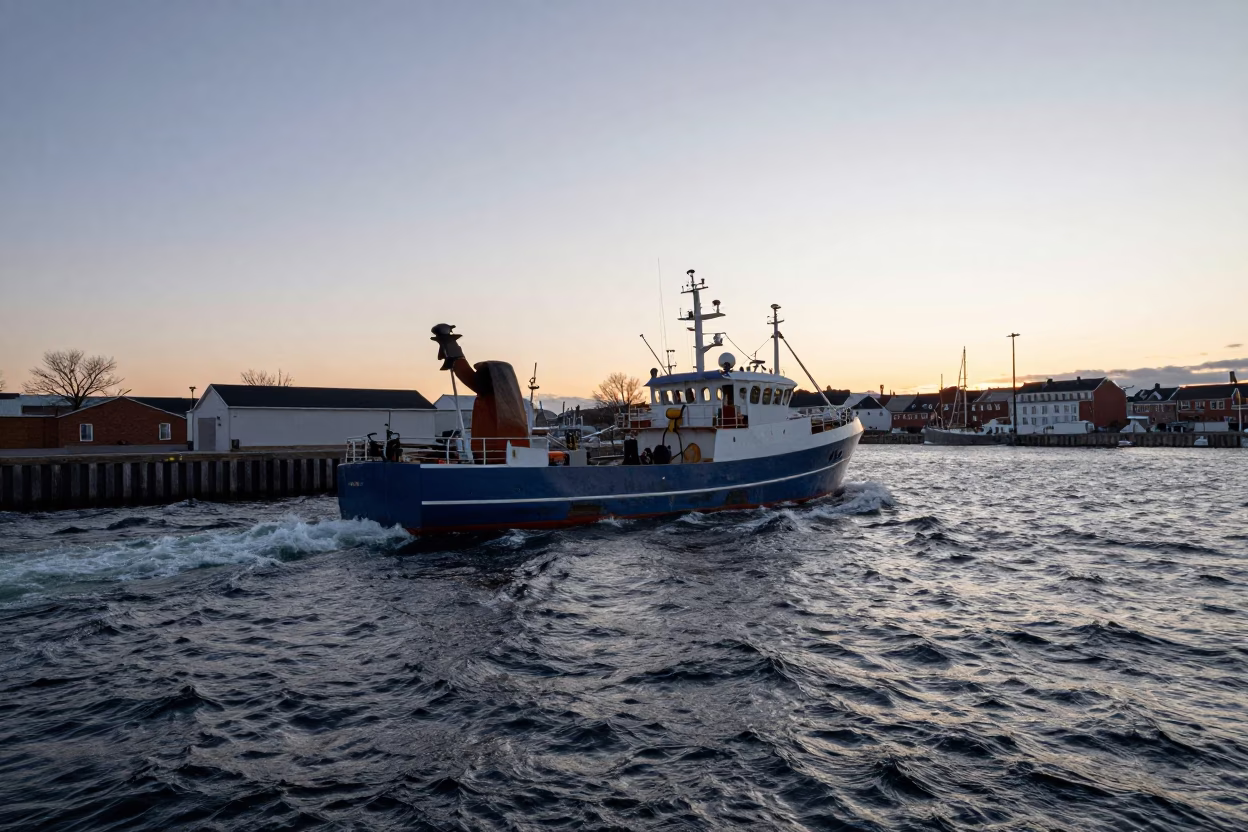 Copenhagen Nautical Dawn Harbor Scene with Fishing Trawler and Substation Insulators in in Copenhagen, Denmark