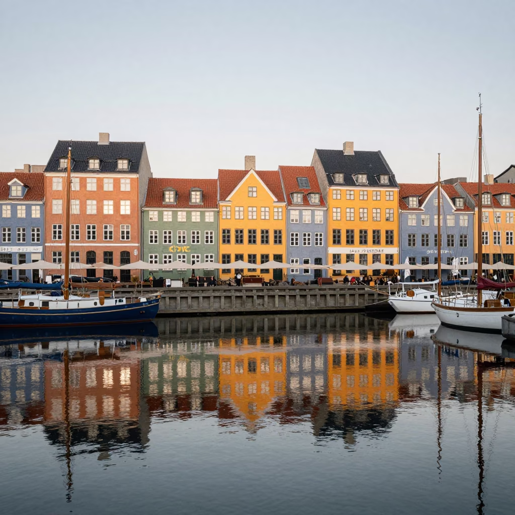 Copenhagen Nautical Dawn Skyline Reflections in Nyhavn Canal Water with Historic Colorful Buildings in in Copenhagen, Denmark