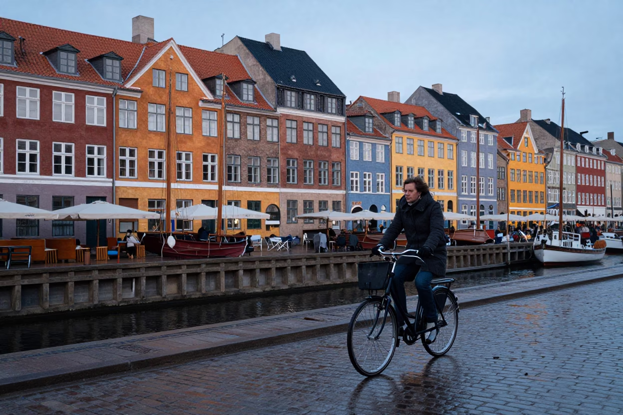 Copenhagen Nautical Dawn Street Scene with Bicycle and Colored Glass Bottle in in Copenhagen, Denmark